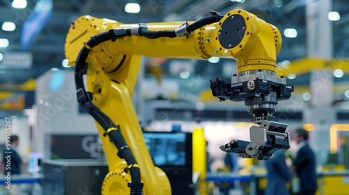 Robotic arm working on assembly line in factory, industry 4.0 concept