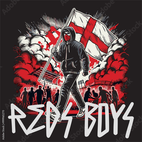 A football fans hooligan hold a Flag Red White