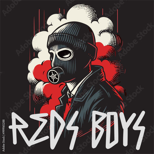 Illustration vector Graphics of footba fans ultras hooligan wear Mask with red white smoke behind , design for sticker, t shirt, etc