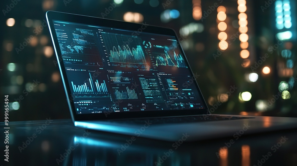 Modern Laptop Displaying Data Analytics at Night Modern Laptop Displaying Data Analytics at Night