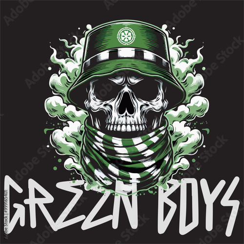 Illustration Vector Graphics of Hooligan Ultras Logo Skull Head wear Bucket Hat with scraf color green white design for Sticker, tees, etc