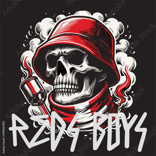 Illustration vector logo of football fans ultras hooligan in skull drawing with red white color on black background