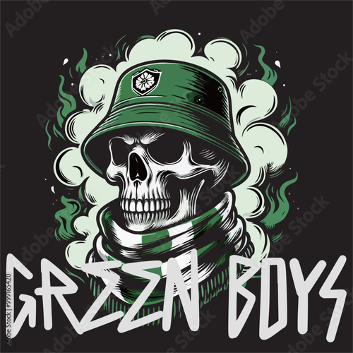 Illustration Vector graphic of Logo Ultras Hooligans Casual skull with bucket hat Green White Color