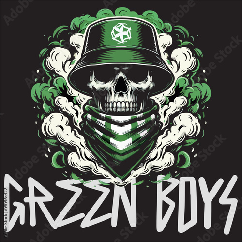 Illustration Vector graphic of Green White Skull head wear hat cap use for football fans logo design 
