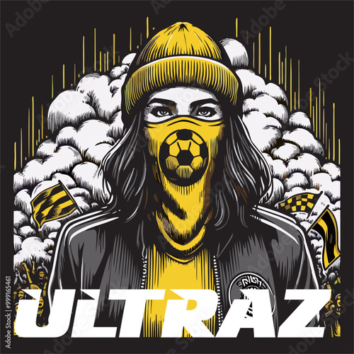Vector design illustration of a group of ultras hooligans football supporters