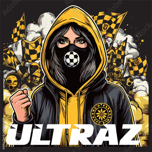 Illustration a women football fans Ultras in Yellow White Color 