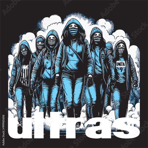 Vector design illustration of a group of ultras hooligans football supporters
