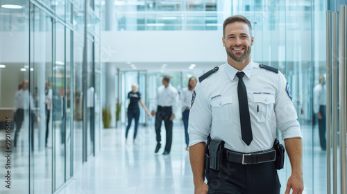 A security guard with friendly smile greets group of people in modern office environment, creating welcoming atmosphere