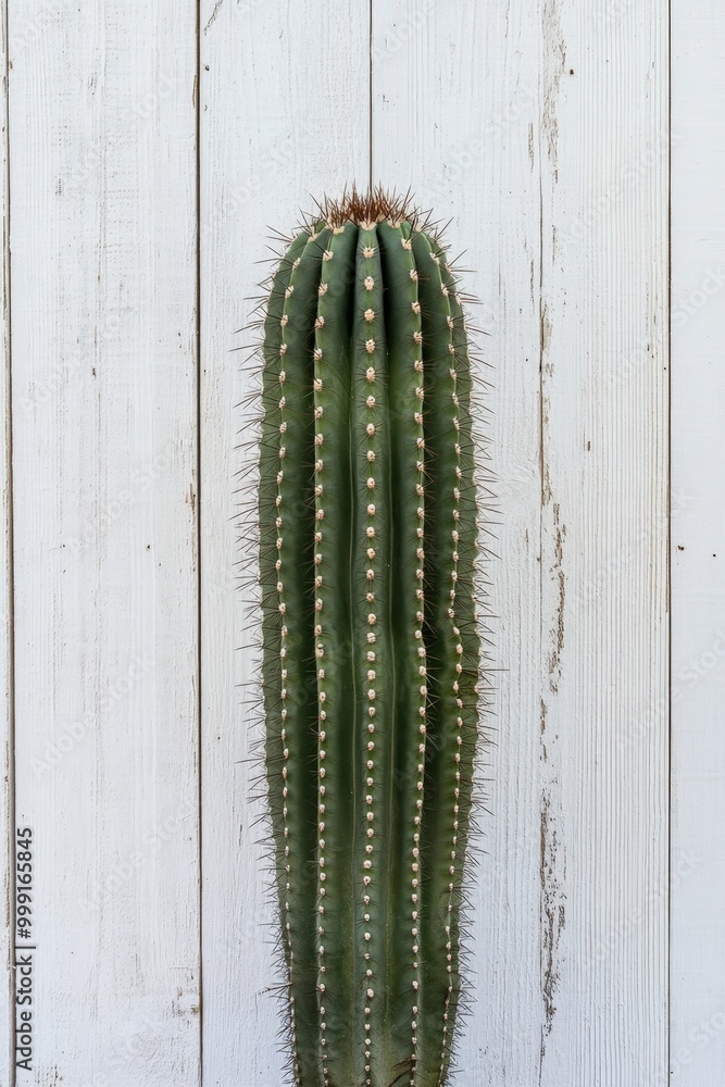 Naklejka premium tall green cactus on rustic wooden background