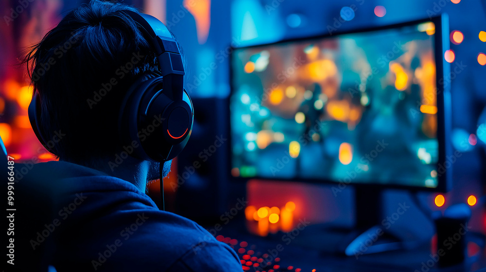 Back view of gamer concentrating on his game Back view of gamer concentrating on his game