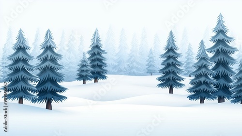 A snowy forest with a few trees in the foreground