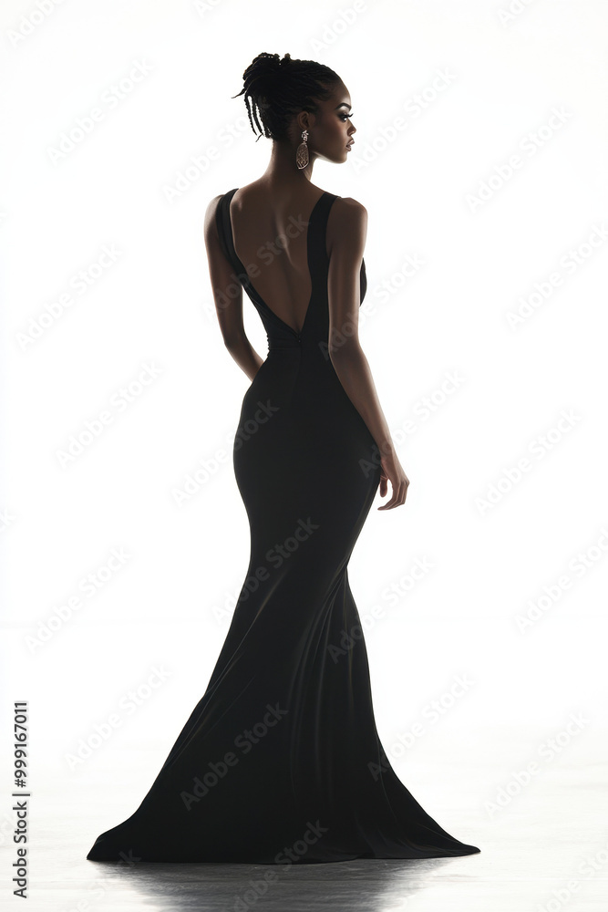Elegant African American woman in a stunning black gown with a deep back cut, standing gracefully against a minimalistic white background. Elegant African American woman in a stunning black gown with a deep back cut, standing gracefully against a minimalistic white background.