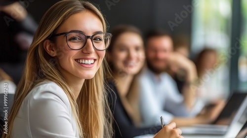 Professional Woman in Modern Office Smiling