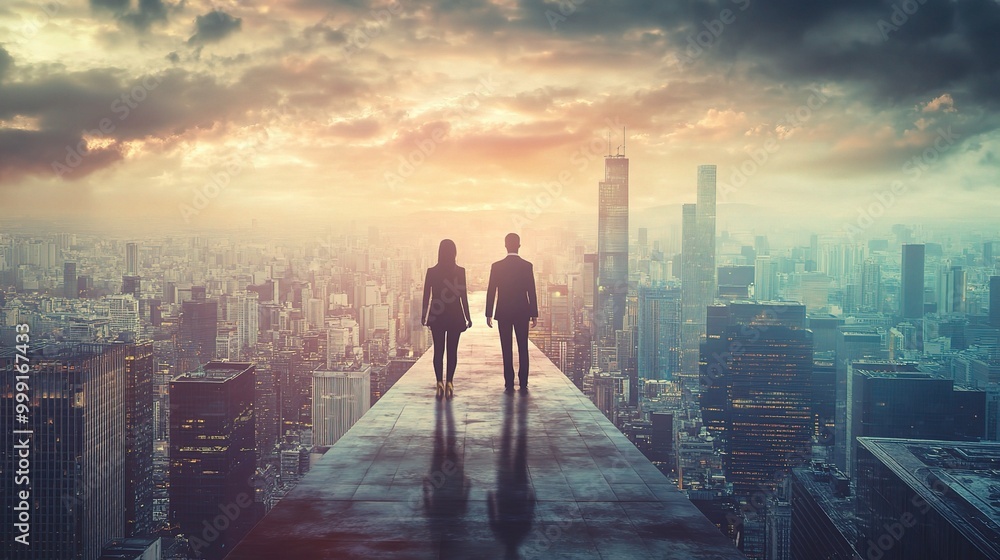 Couple Walking on Rooftop Over City Skyline at Sunset Couple Walking on Rooftop Over City Skyline at Sunset