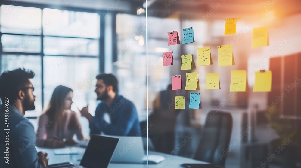 Fototapeta premium Team Collaboration in Modern Office with Sticky Notes