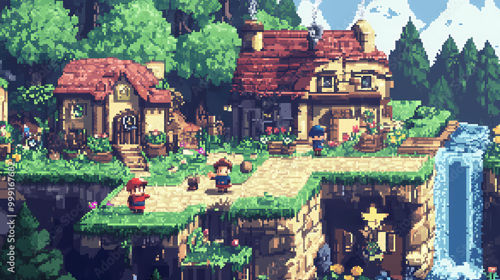 Obraz premium A pixelated box art for an video game, showcasing the game's title, characters, and gameplay elements in a colorful and eye-catching style. Pixelated Graphics. Illustration