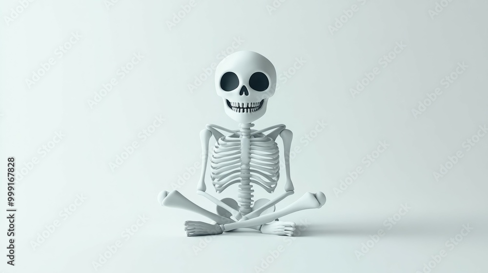 A cartoon skeleton sits in a meditative pose, its grin radiating a sense of spooky humor. A cartoon skeleton sits in a meditative pose, its grin radiating a sense of spooky humor.