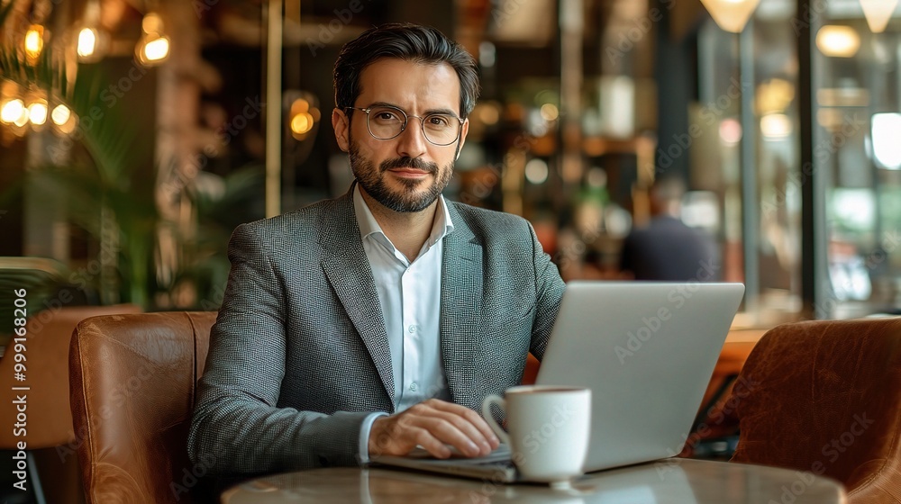 Professional man working in modern cafe setting Professional man working in modern cafe setting