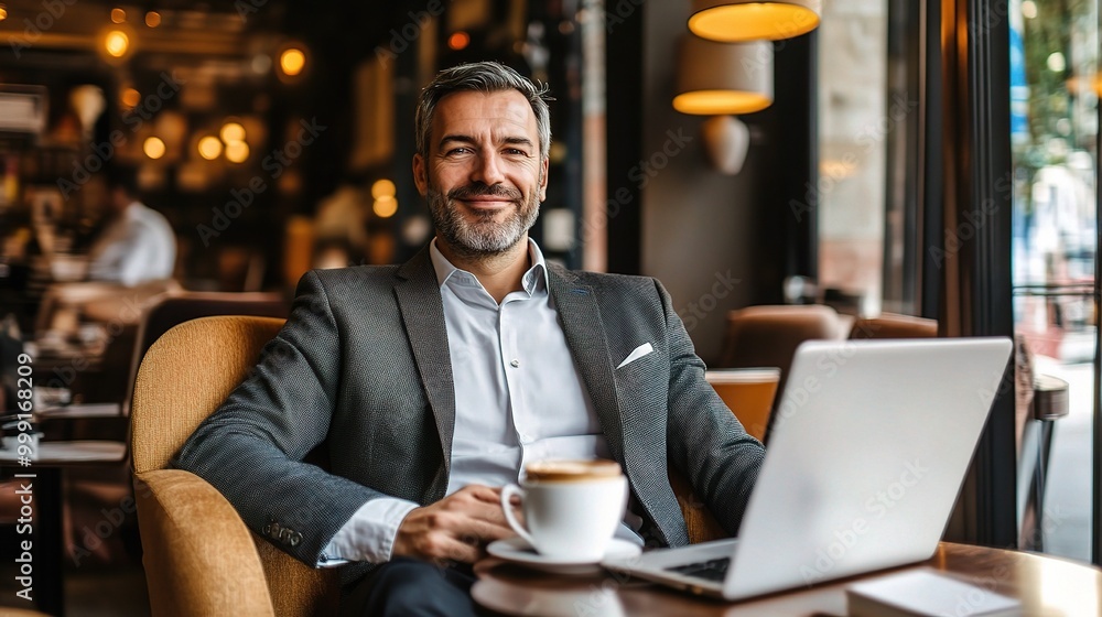 Confident Man Working in Cozy Café Setting Confident Man Working in Cozy Café Setting