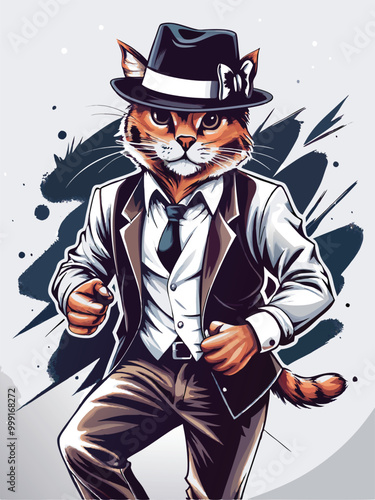 A cartoon cat wearing a black bowler hat, white shirt, brown jacket, and a bowtie.