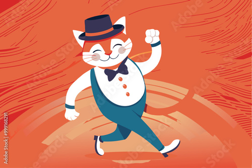 A vintage cartoon cat wearing a bowler hat and bow tie walks with a confident swagger on an orange background.