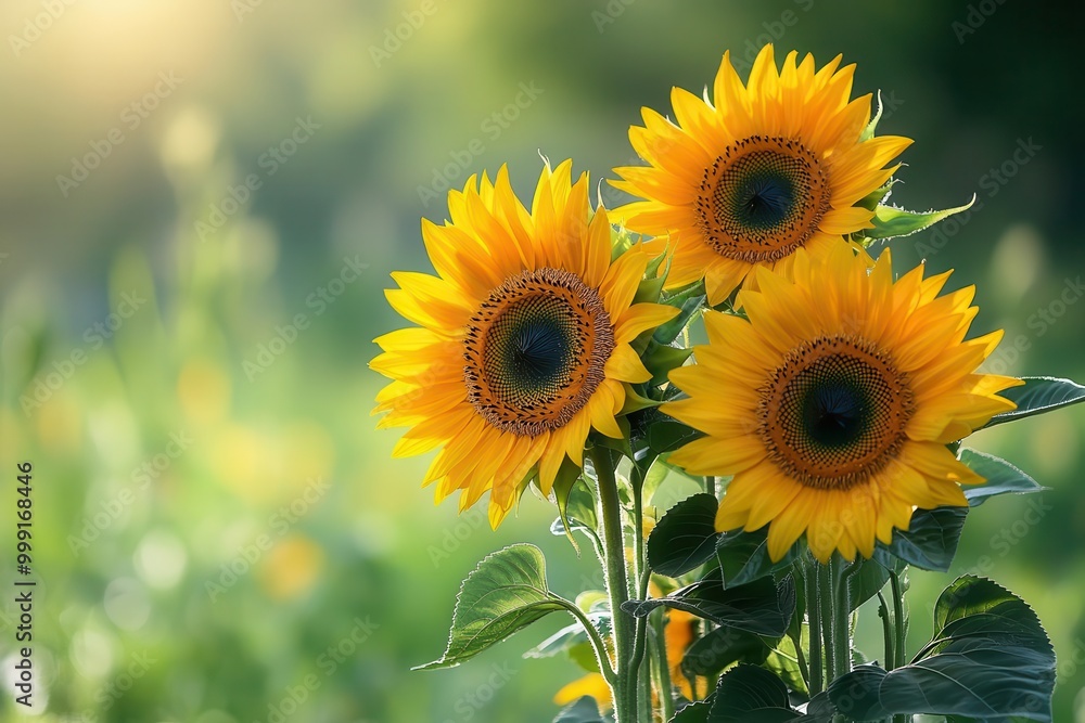 Obraz premium A bouquet of golden sunflowers standing tall amidst a light green meadow, bathed in bright morning sunshine