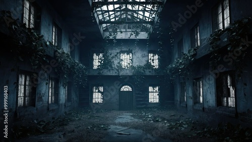 Wallpaper Mural A deserted, decaying asylum with a broken glass roof and overgrown vines Torontodigital.ca