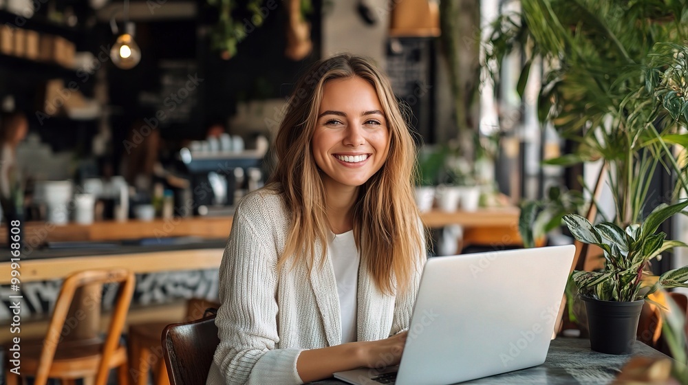 Smiling Woman Working on Laptop in Cozy Café Smiling Woman Working on Laptop in Cozy Café