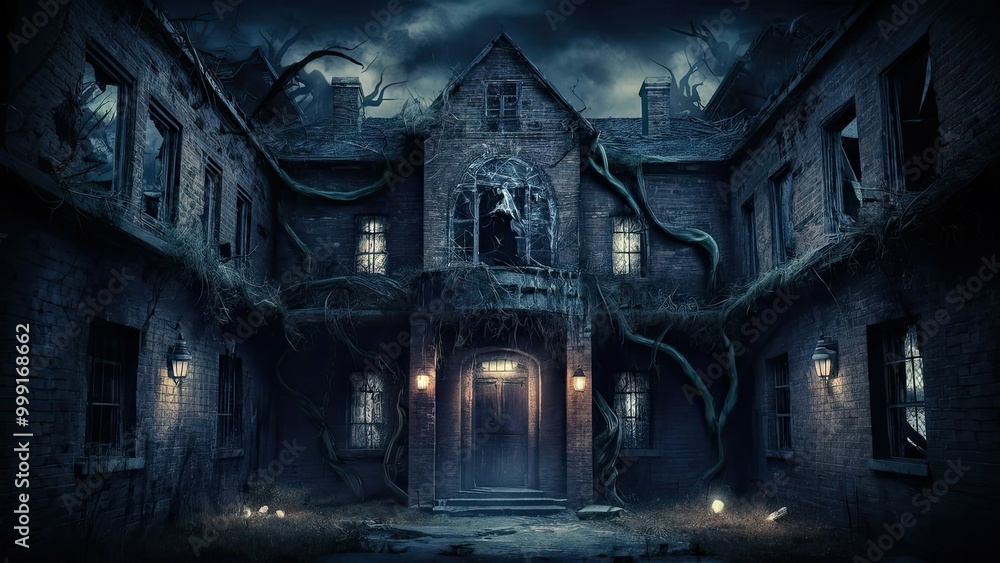 A dilapidated asylum building with vines crawling over its brick walls and broken windows. The entrance is dimly lit by a single lantern A dilapidated asylum building with vines crawling over its brick walls and broken windows. The entrance is dimly lit by a single lantern