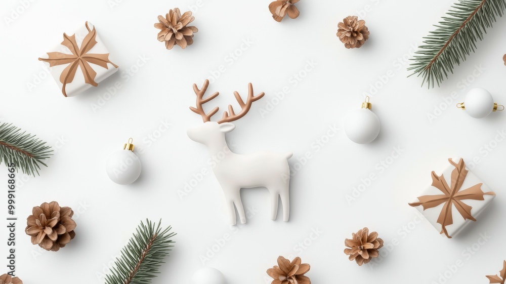 A white deer is standing in front of a Christmas tree with pine cones A white deer is standing in front of a Christmas tree with pine cones
