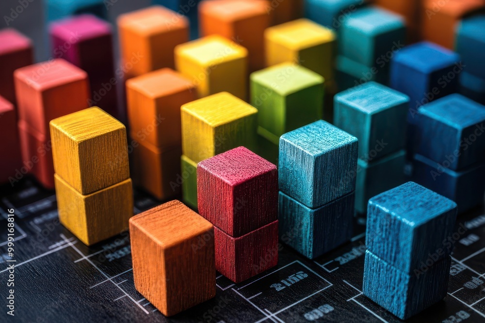 Fototapeta premium Creative business concept displayed as colorful blocks forming a 3D business chart, data creativity, innovative solutions through data