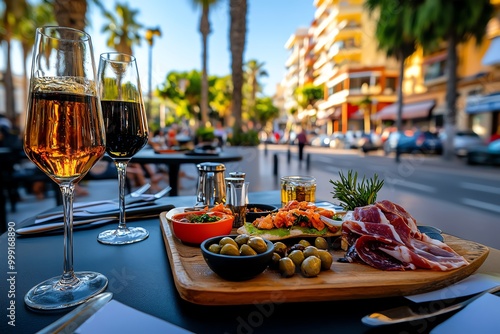 Tapas bar in Malaga, with locals enjoying traditional dishes like jamÃ³n, olives, and fresh seafood at a cozy, sun-drenched outdoor terrace
