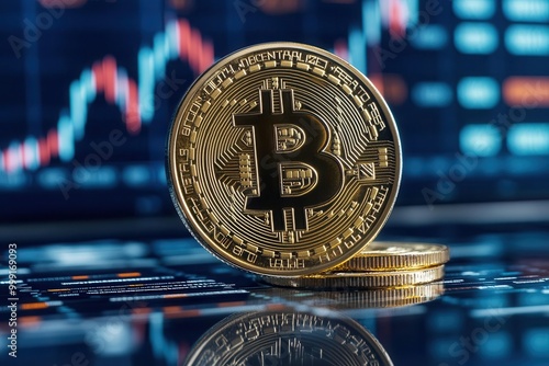 Shiny cryptocurrency coin with a digital stock market graph, financial data and charts surrounding it in a techthemed background, digital economy, financial growth photo