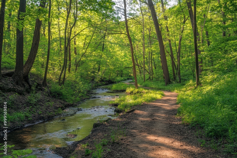 Obraz premium Serene forest stream with lush green foliage