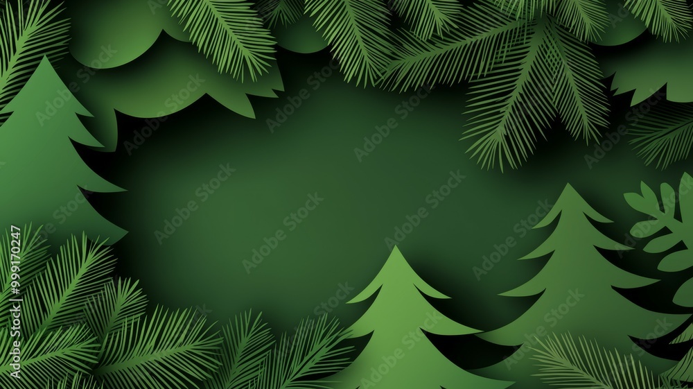 A green background with trees and a Christmas tree in the foreground A green background with trees and a Christmas tree in the foreground