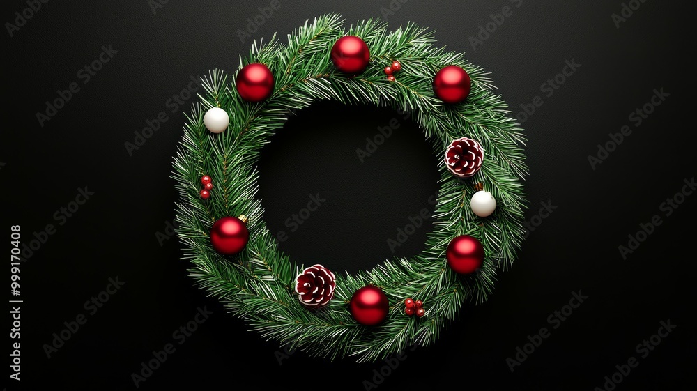 A wreath with red and white balls and pine cones on a black background A wreath with red and white balls and pine cones on a black background