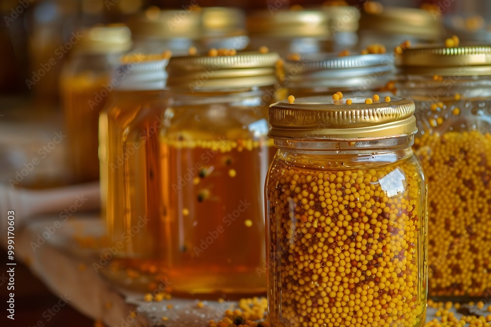 Glass jars with honey and mustard seeds on the table Glass jars with honey and mustard seeds on the table