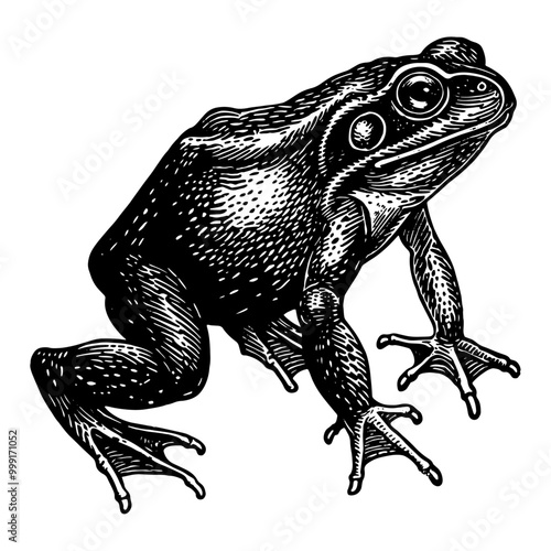 横を向くカエルの銅版画のベクターイラスト。