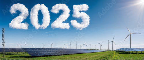 Green field with wind turbines or windmills and solar panels under blue sky with white clouds forming the number 