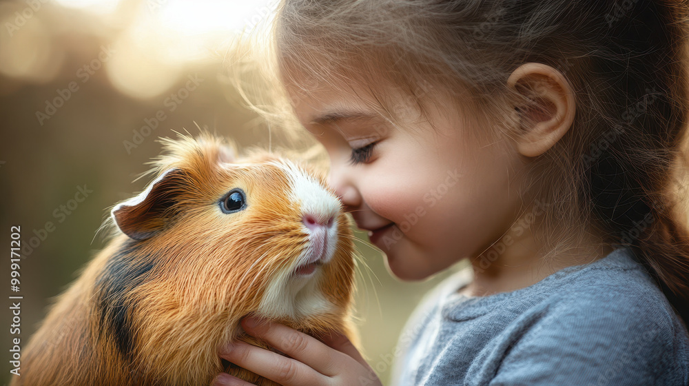 child gently whispers to guinea pig, showcasing tender moment of connection and affection. warm lighting enhances emotional bond between them child gently whispers to guinea pig, showcasing tender moment of connection and affection. warm lighting enhances emotional bond between them