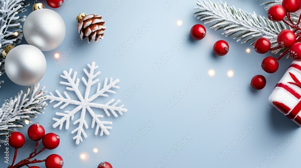 A blue background with a white snowflake and red berries A blue background with a white snowflake and red berries