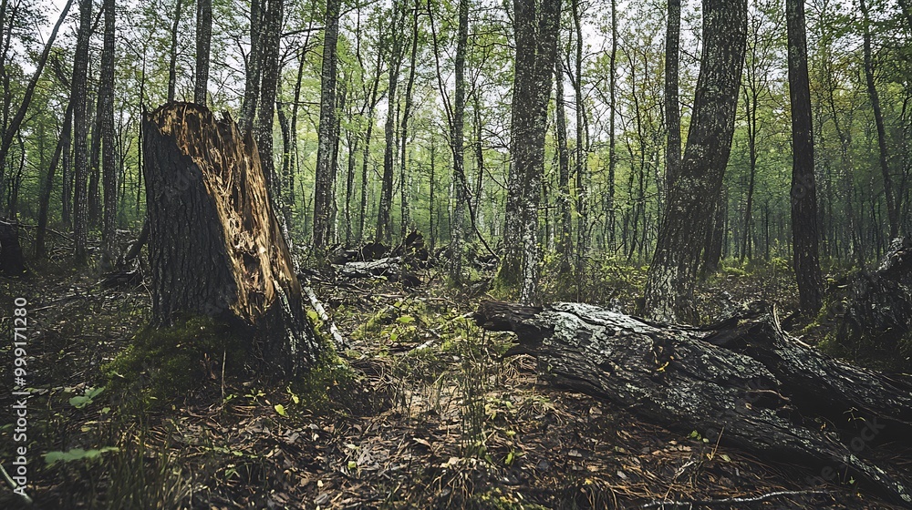 A fallen tree trunk and a tree stump covered in moss in a dense forest with green trees. A fallen tree trunk and a tree stump covered in moss in a dense forest with green trees.