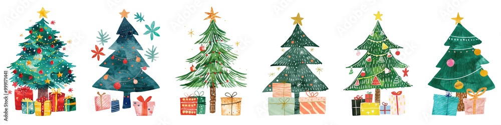 Water color Christmas trees png cut out element set Water color Christmas trees png cut out element set