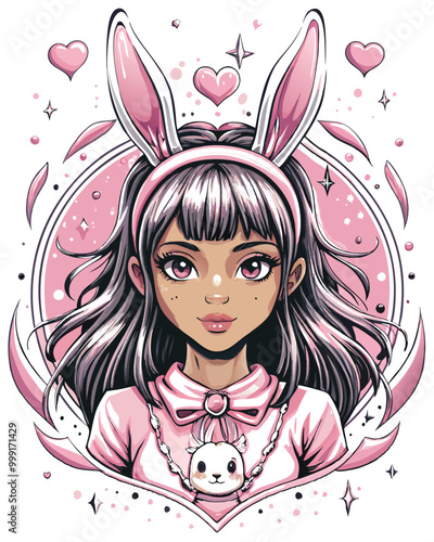 A cute anime girl wearing pink bunny ears and a pink outfit, with a white bunny plushie hanging from her neck.