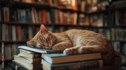 Wallpaper Mural A ginger cat napping on a stack of books in a library. Torontodigital.ca