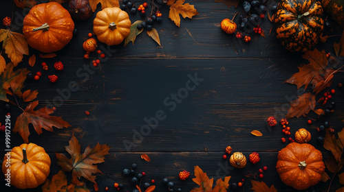 Autumn Frame with Pumpkins and Fall Leaves. A dark and elegant autumn frame made of pumpkins, fall leaves, and berries, creating a seasonal border on a dark wooden backdrop. Ideal for seasonal invitat photo