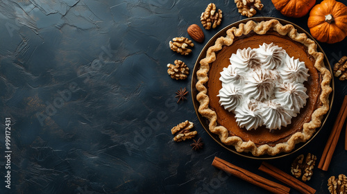 Pumpkin Pie with Whipped Cream and Autumn Spices. A beautifully presented pumpkin pie topped with whipped cream, surrounded by walnuts, cinnamon sticks, and small pumpkins, set on a dark rustic surfac photo