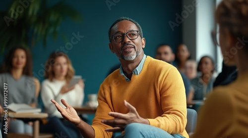 Engaging Man in Yellow Sweater Speaking to Audience