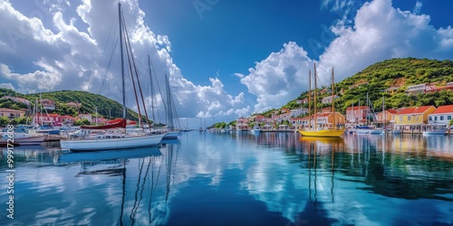 Colorful harbor with sailboats and buildings