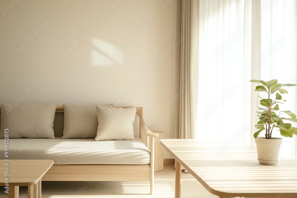 Fototapeta premium A close-up of the table in the living room interior of a Scandinavian interior and a japandi interior combination. Generative AI 